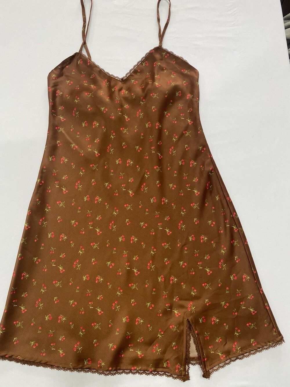 Wild Fable Brown Cherry Print Satin Mini Slip Dress Lace Trim Cottagecore Boho S